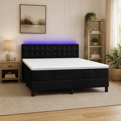 Queen Box Spring Bed with Pocket Mattress LED Headboard Black Velvet 152x203cm