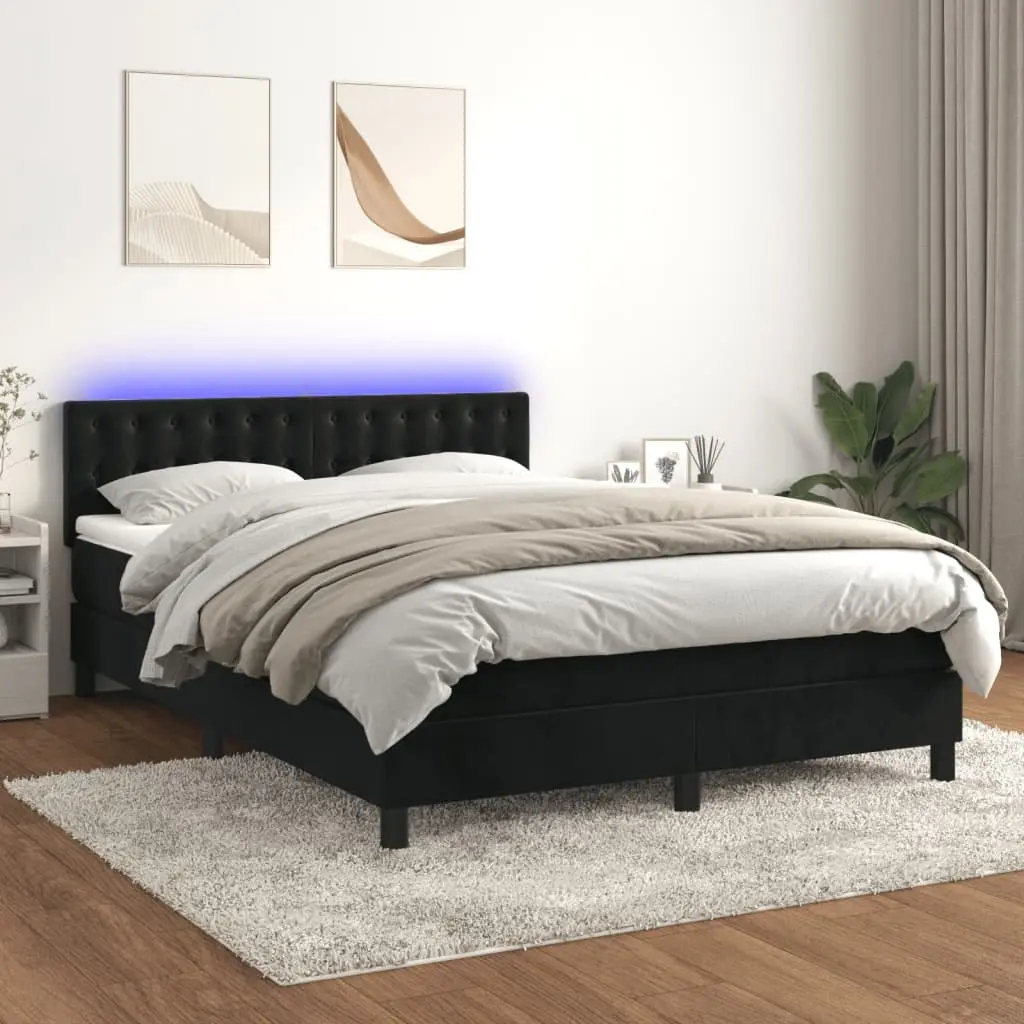 Box Spring Bed Black Velvet 152x203cm Adjustable Headboard Pocket Spring Mattress LED Lighting