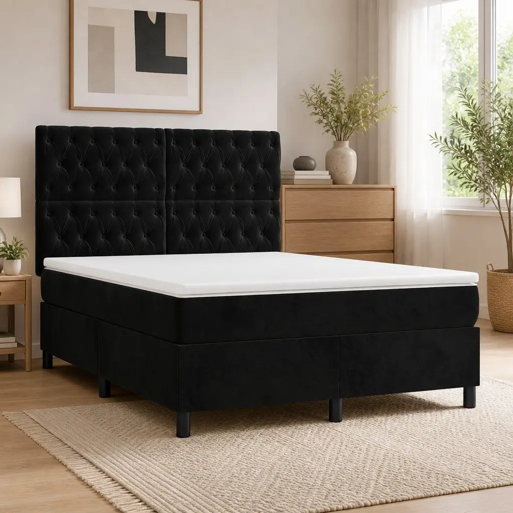 Box Spring Bed Black Velvet Double Size Adjustable Headboard