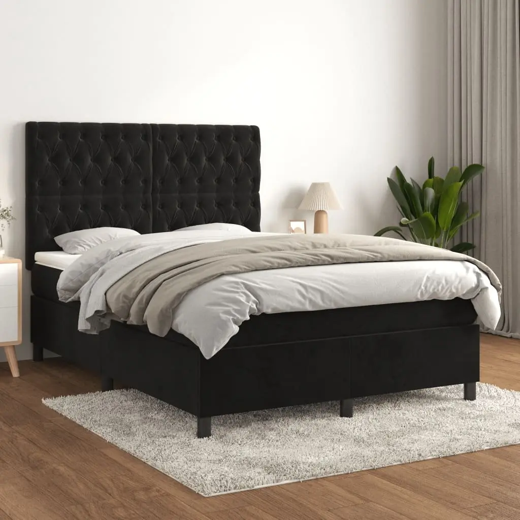 Box Spring Bed Black Velvet Double Size Adjustable Headboard