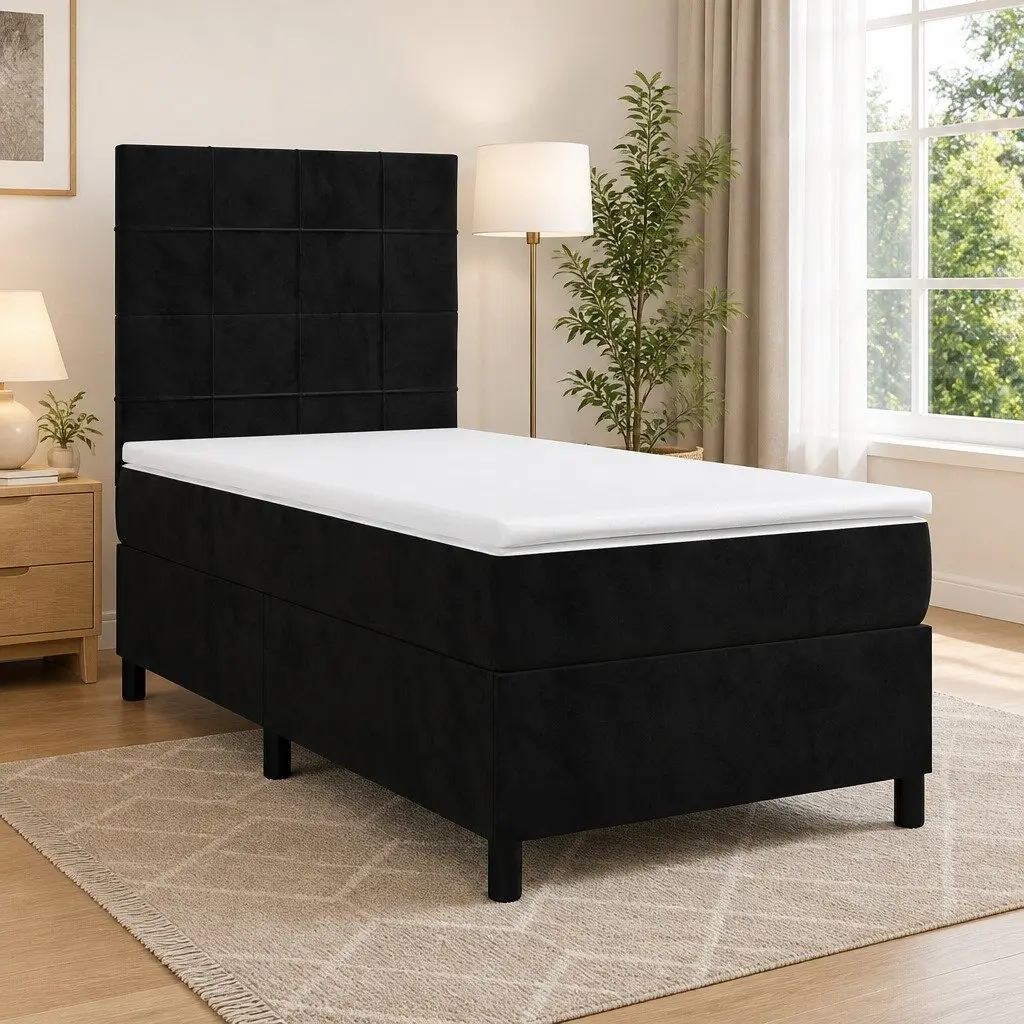 Box Spring Bed Black Velvet King Single 106x203cm Adjustable Headboard Pocket Spring Mattress