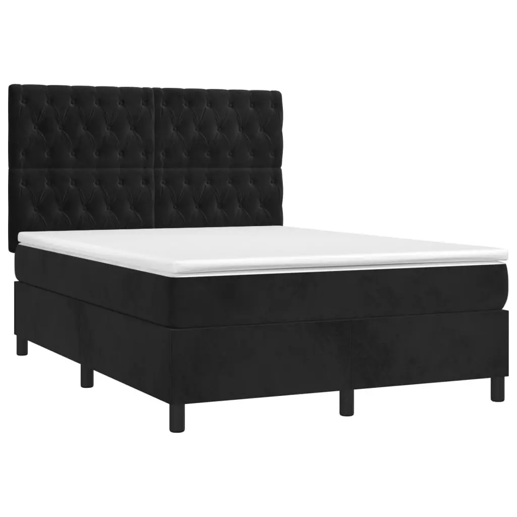 Double Box Spring Bed Black Velvet 137 x 187 cm Integrated Pocket Spring Mattress Adjustable LED Headboard