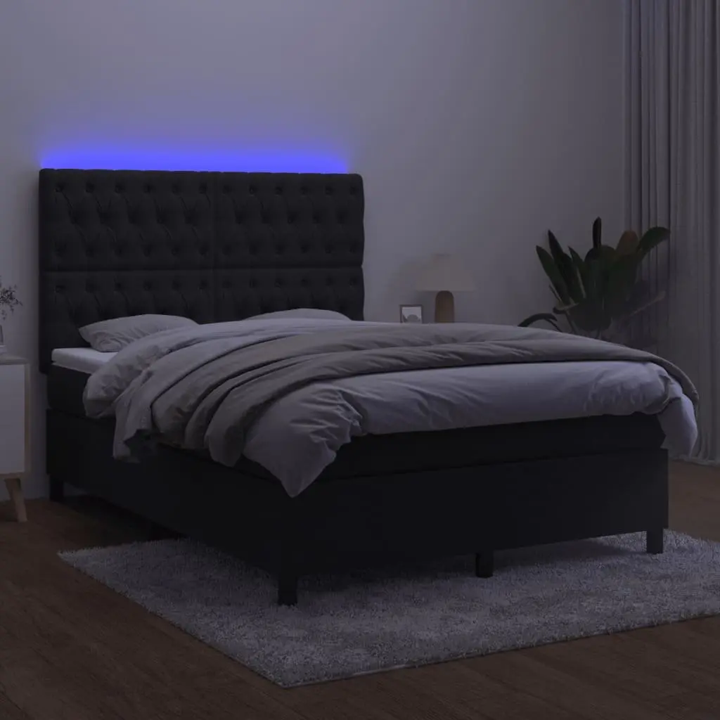 Double Box Spring Bed Black Velvet 137 x 187 cm Integrated Pocket Spring Mattress Adjustable LED Headboard