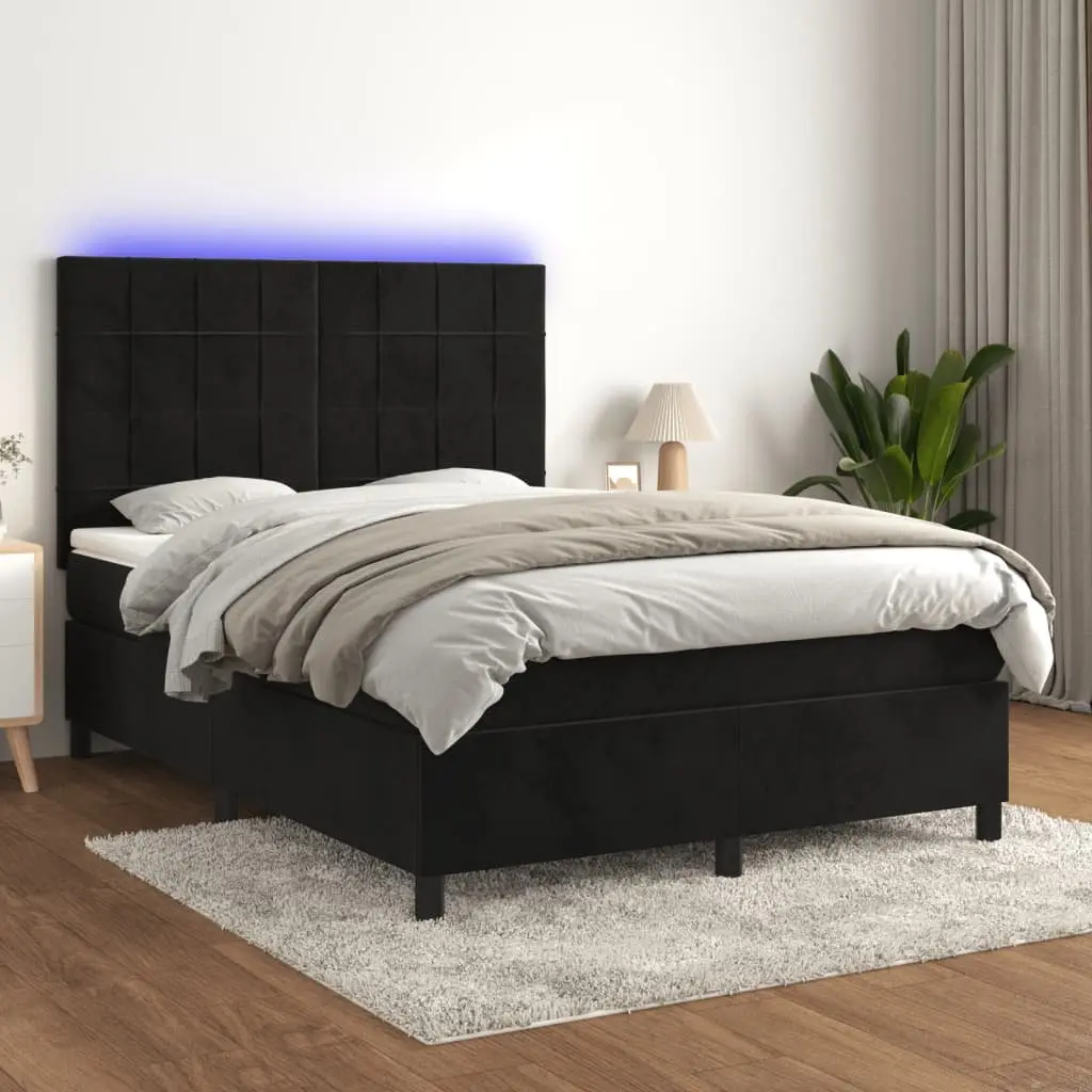 Box Spring Bed Black Velvet Queen Size Adjustable Headboard with Pocket Spring Mattress and Integrated LED Lighting