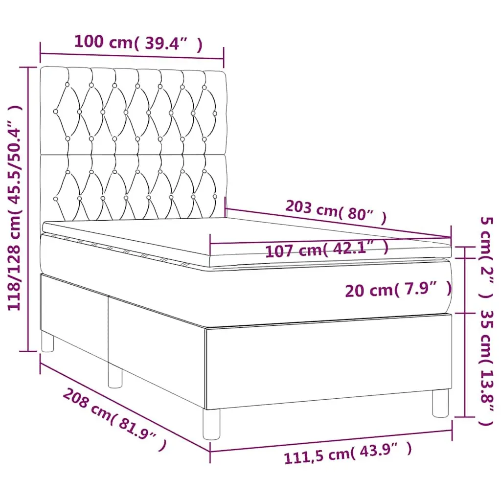 Box Spring Bed with Pocket Spring Mattress LED Headboard King Single 106x203cm