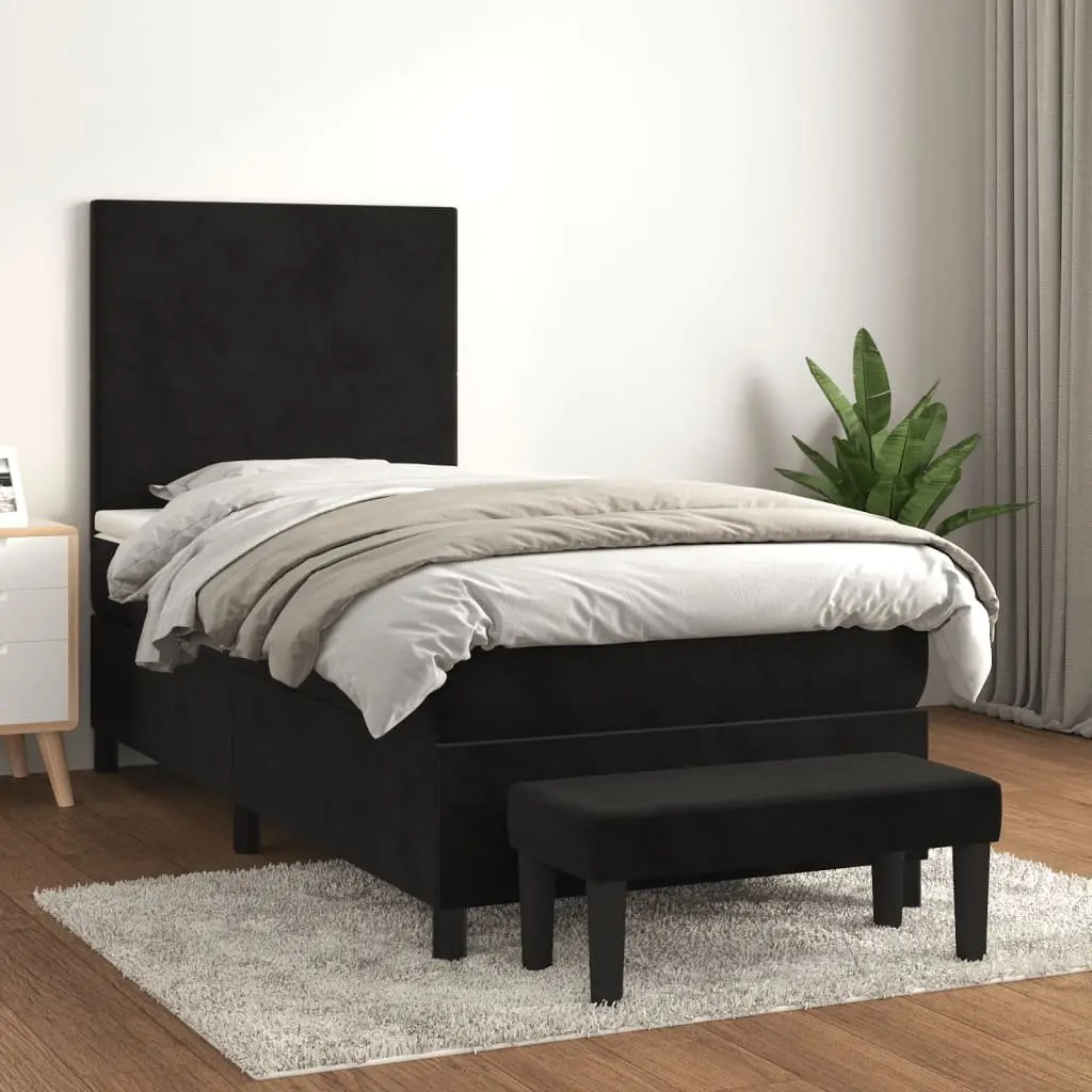 Box Spring Bed Black 106x203cm Velvet Adjustable Headboard Pocket Spring Mattress Medium-Hard Support