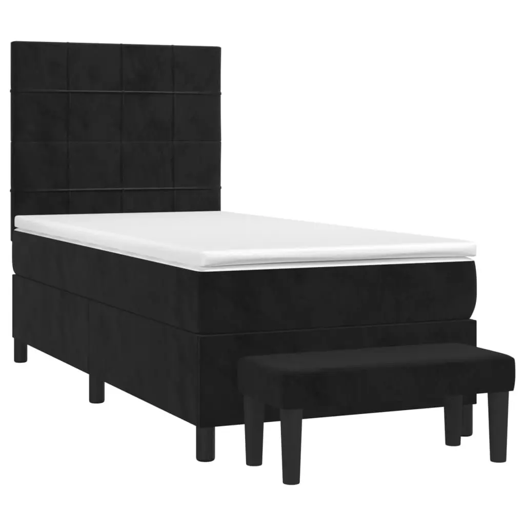 Box Spring Bed Black Velvet King Single 106x203cm Pocket Spring Mattress Adjustable Headboard Multifunctional Bench