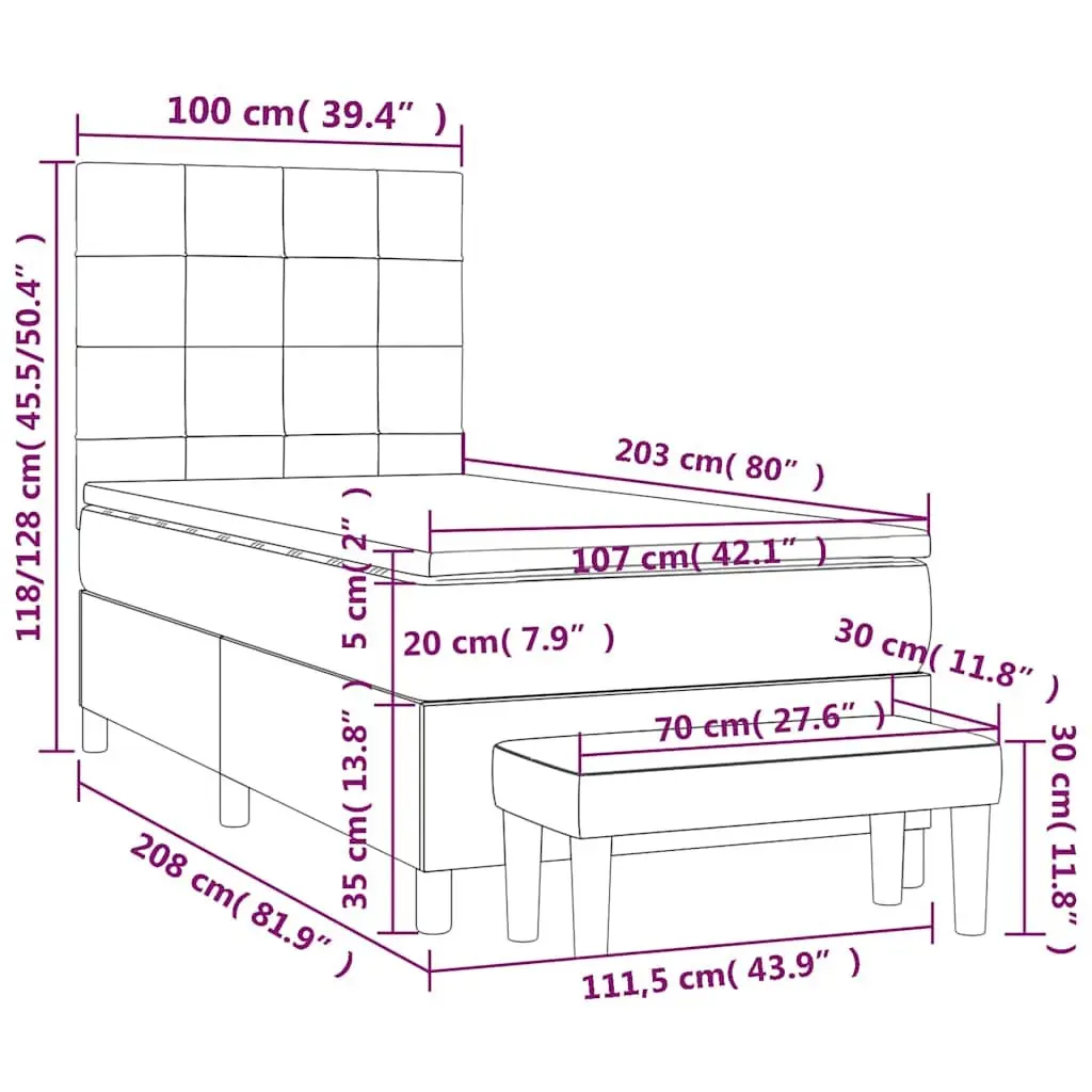 Box Spring Bed Black Velvet King Single 106x203cm Pocket Spring Mattress Adjustable Headboard Multifunctional Bench