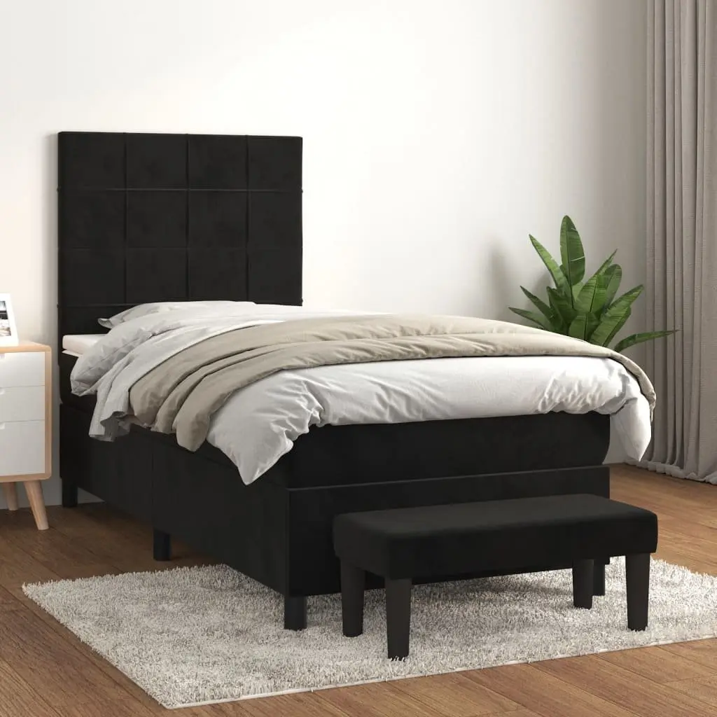 Box Spring Bed Black Velvet King Single 106x203cm Pocket Spring Mattress Adjustable Headboard Multifunctional Bench