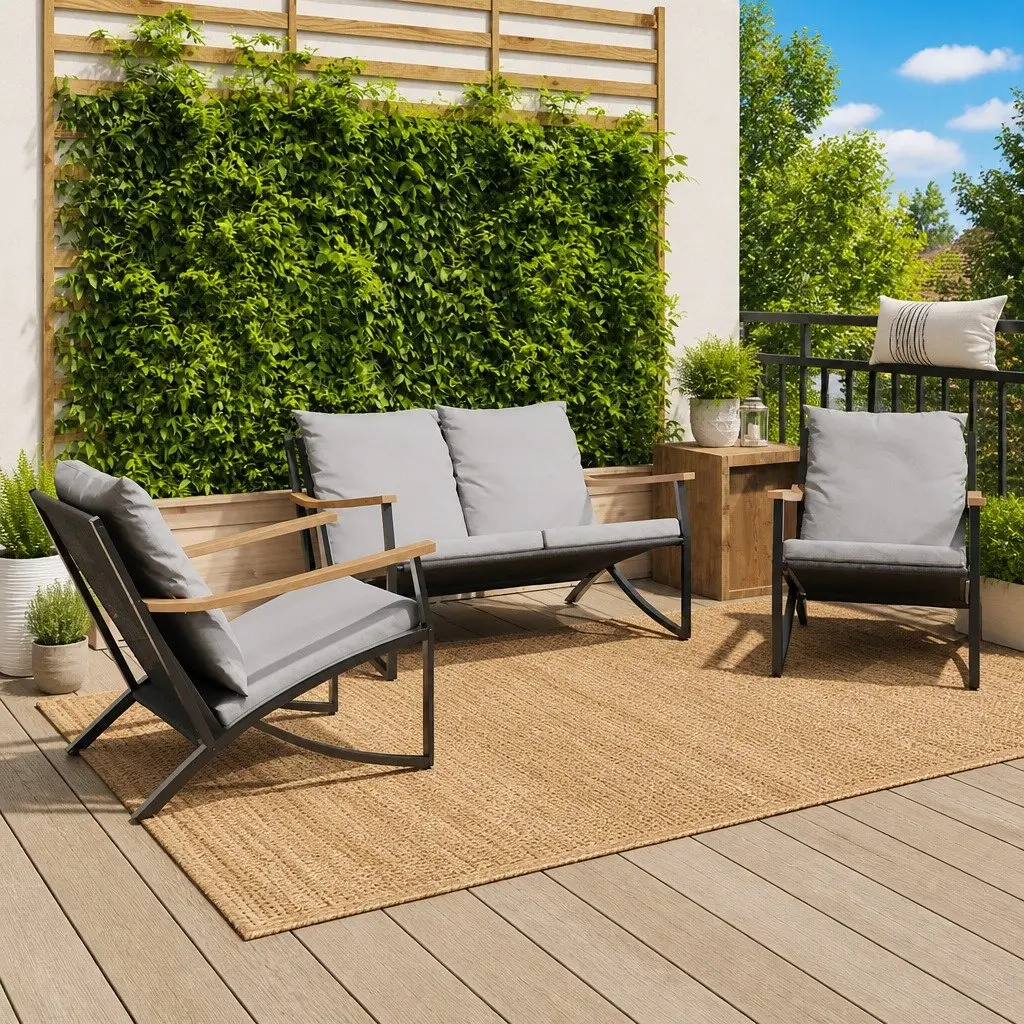 3 Piece Patio Furniture Set Cushioned Black Steel Frame Textilene Fabric for Outdoor Balcony