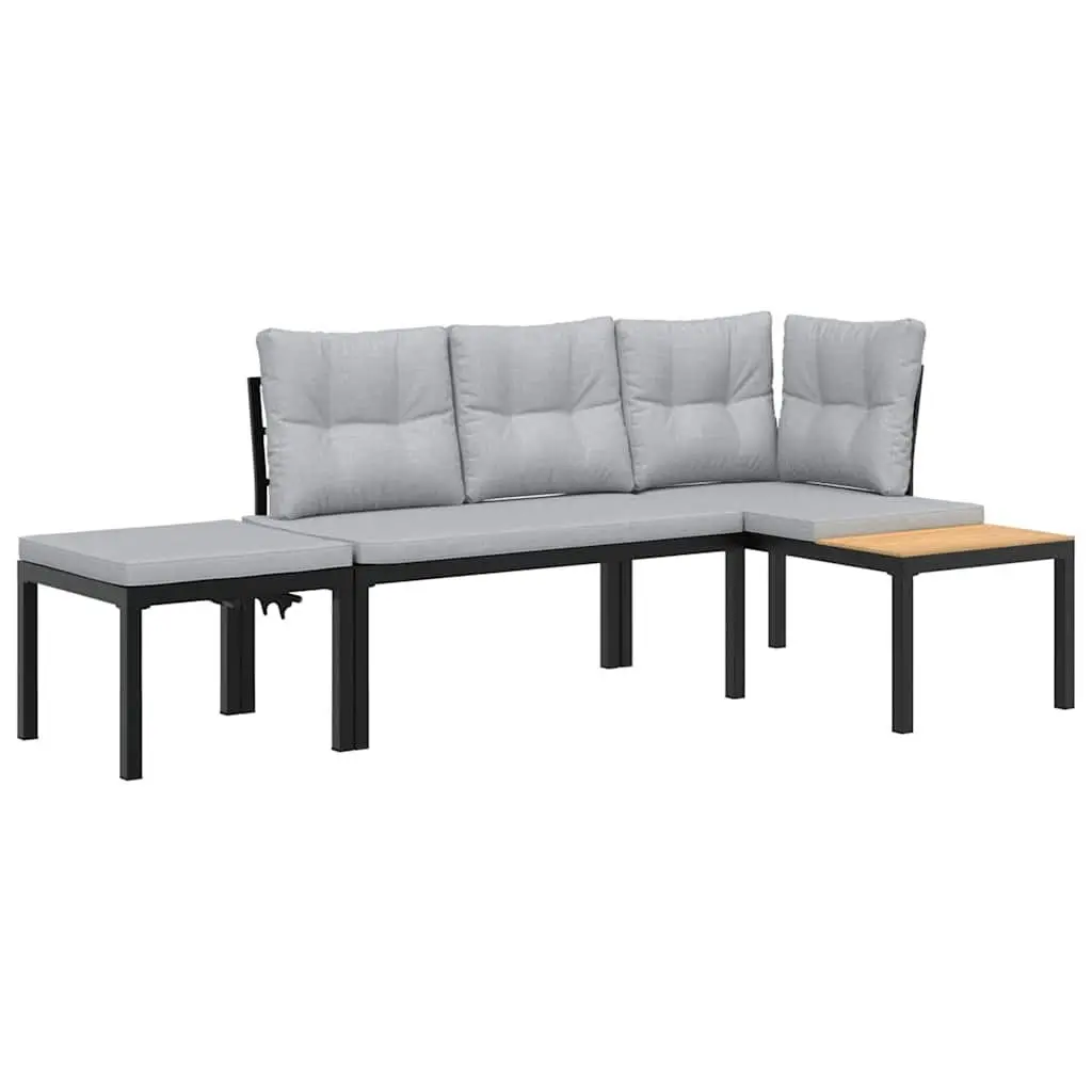 Garden Bench Set Black 3 Piece Outdoor Furniture with Cushions Steel Frame