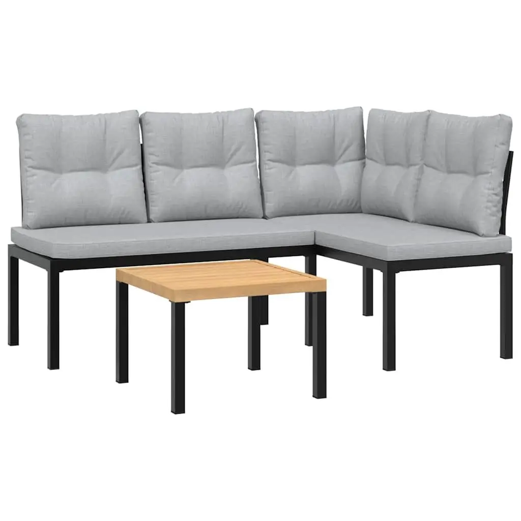 Garden Bench Set Black 3 Pieces Steel Frame Outdoor Furniture with Cushions