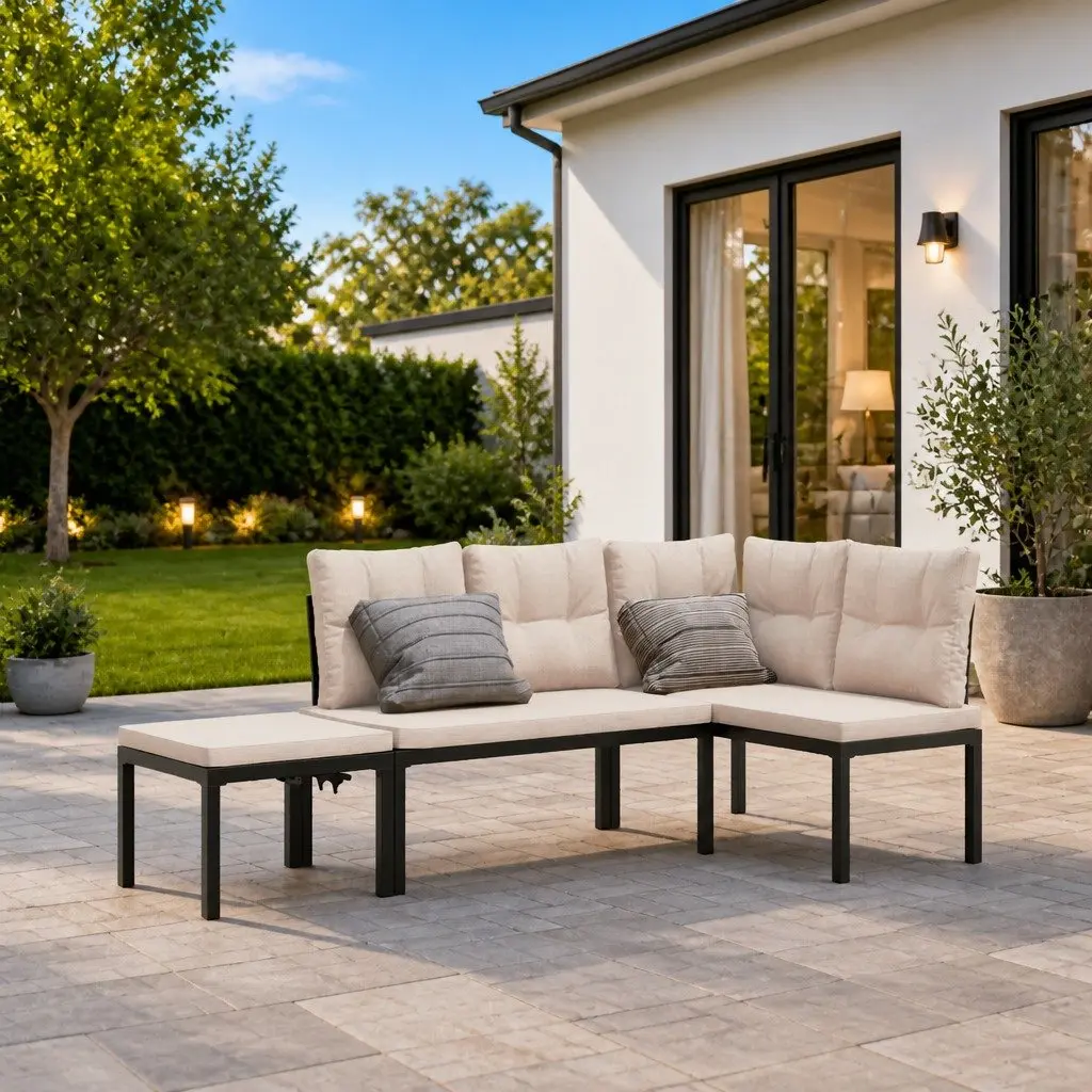 Garden Bench Set Black 3 Pieces Outdoor Furniture Patio Seating with Cushions