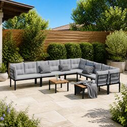 Garden Sofa Set 7 Piece Outdoor Furniture Black Steel Frame Patio Seating with