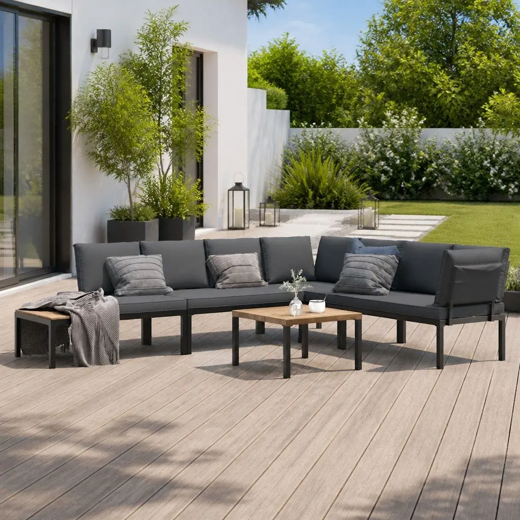 Garden Sofa Set Black 5 Piece Outdoor Furniture Aluminium Modular with Cushions