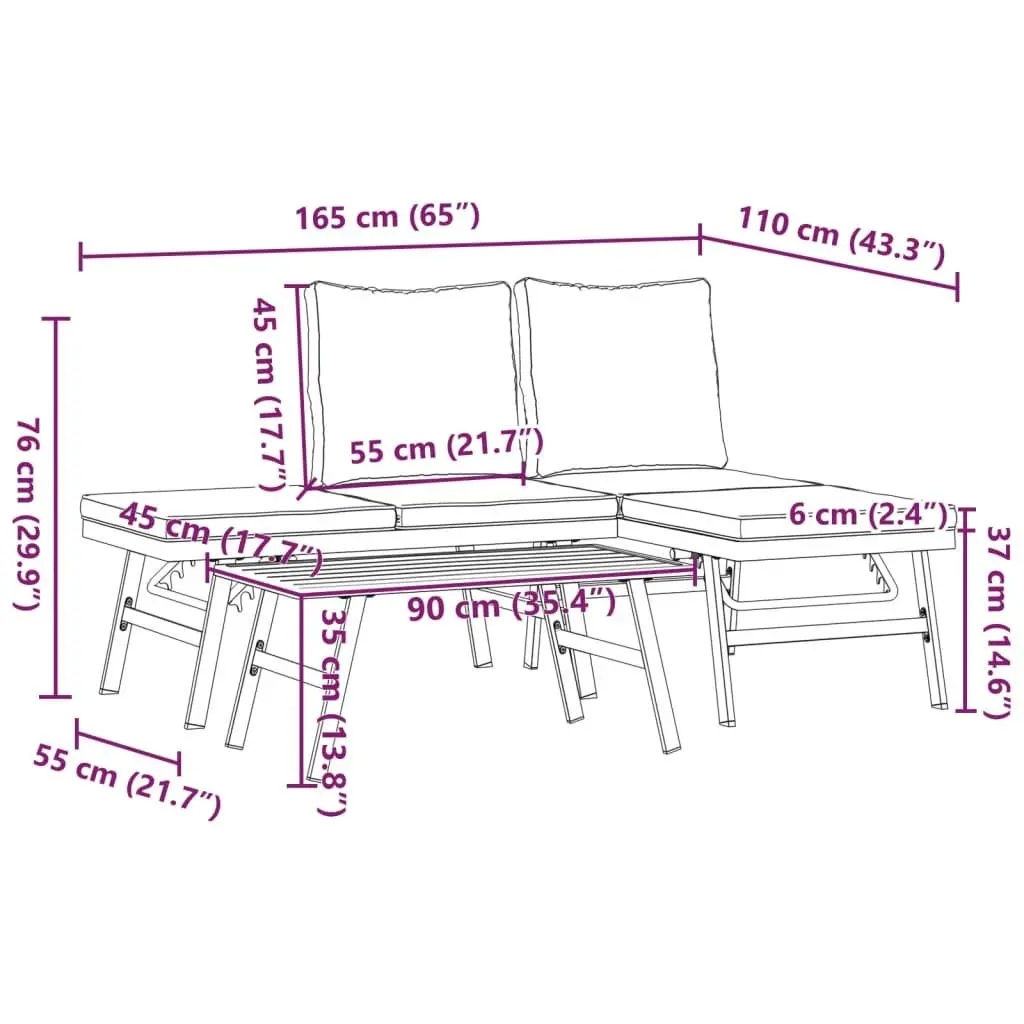 3 Piece Garden Bench Set Black Adjustable Lounger Outdoor Patio Furniture