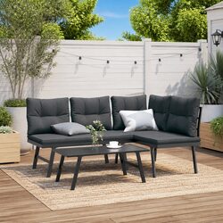 3 Piece Outdoor Garden Bench Set Black Steel Frame Cushions Patio Furniture