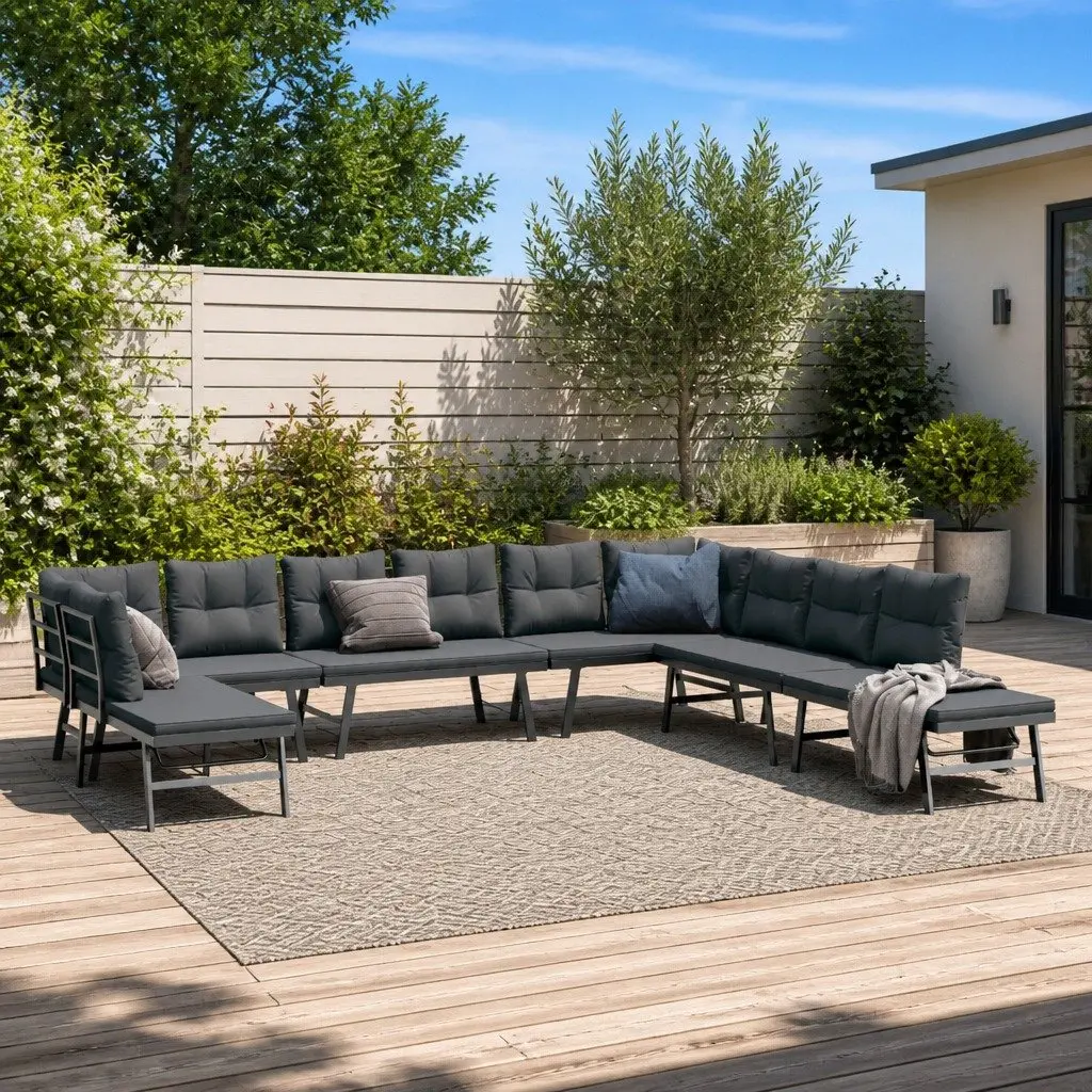 7 Piece Garden Bench Set with Adjustable Lounger Cushions Black Outdoor