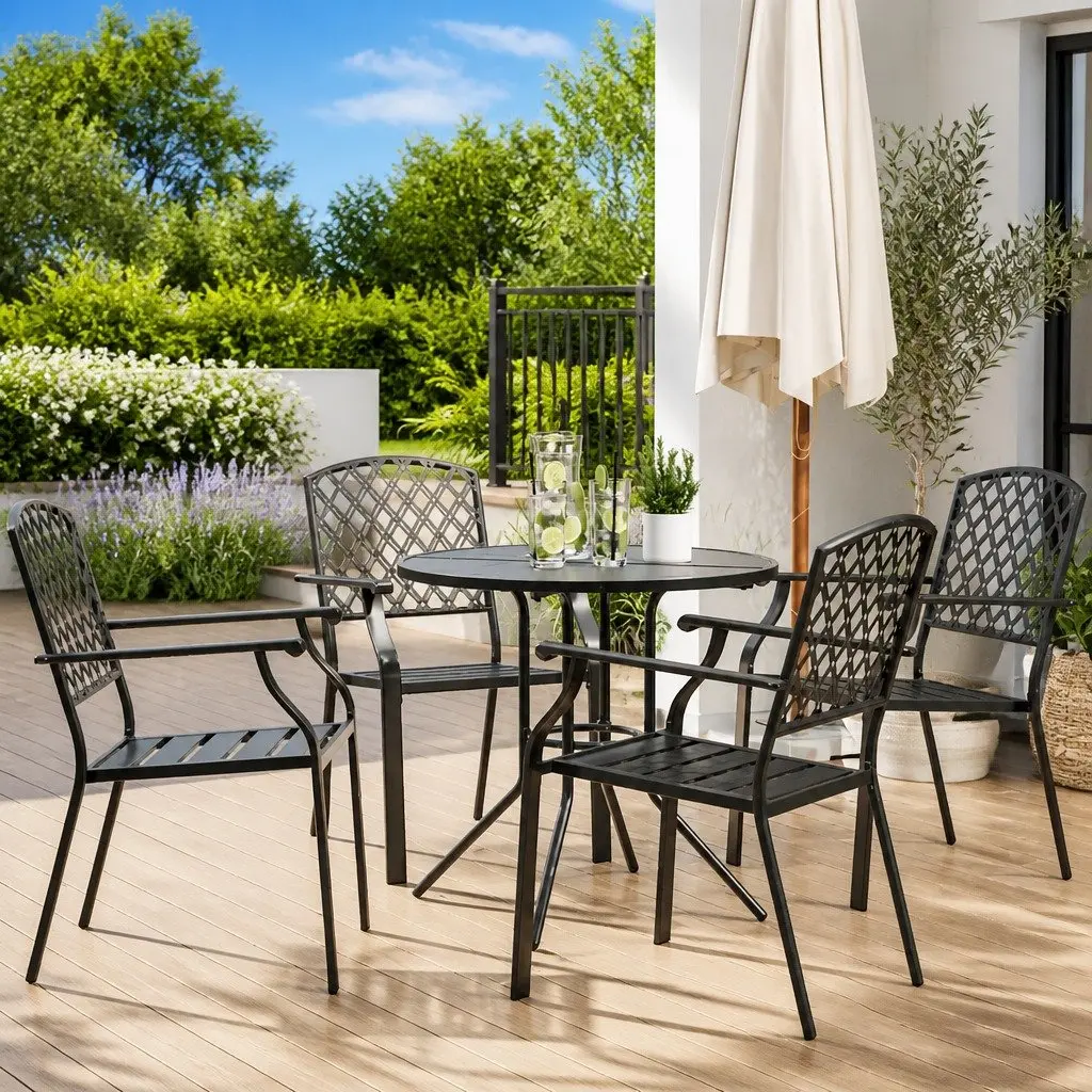 5 Piece Anthracite Stackable Chairs Set with Backrests and Mesh Tabletop for Indoor and Outdoor Living Spaces