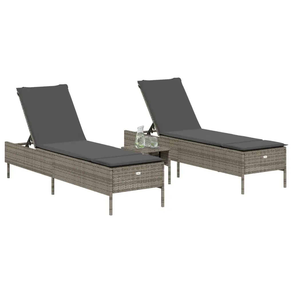 Sun Lounger Set 3 Piece Outdoor Seating Grey Adjustable Backrest Cushions