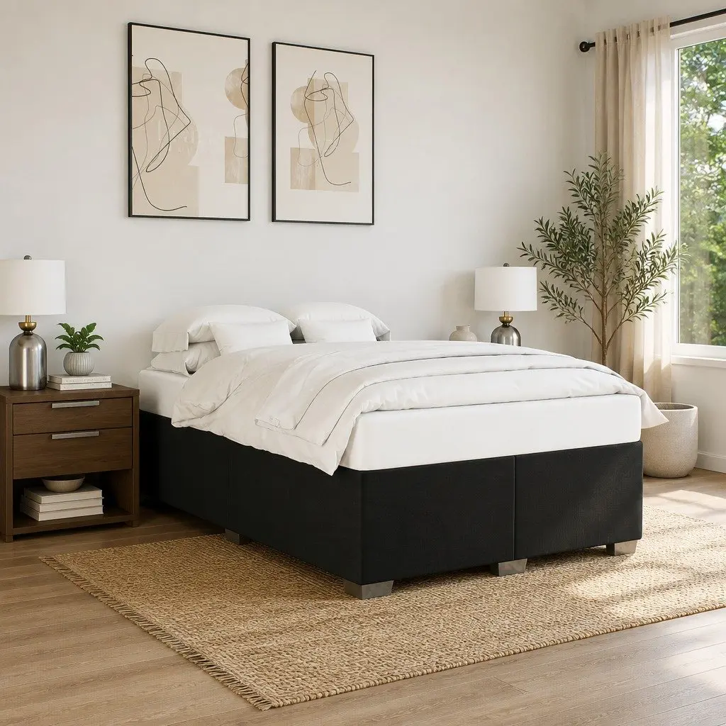 Double Bed Frame Black Polyester Upholstered Sturdy Slat Support