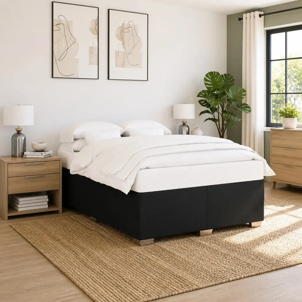 Black Fabric Queen Bed Frame with Sturdy Slat Support