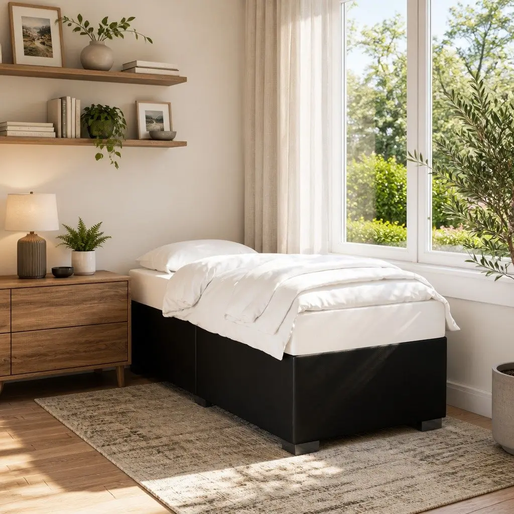 Bed Frame Black 90x190 cm Faux Leather Upholstered Slats Support