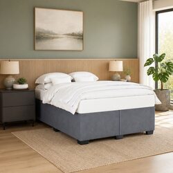 Double Bed Frame Grey Velvet Upholstered Slats Support Bedroom Furniture