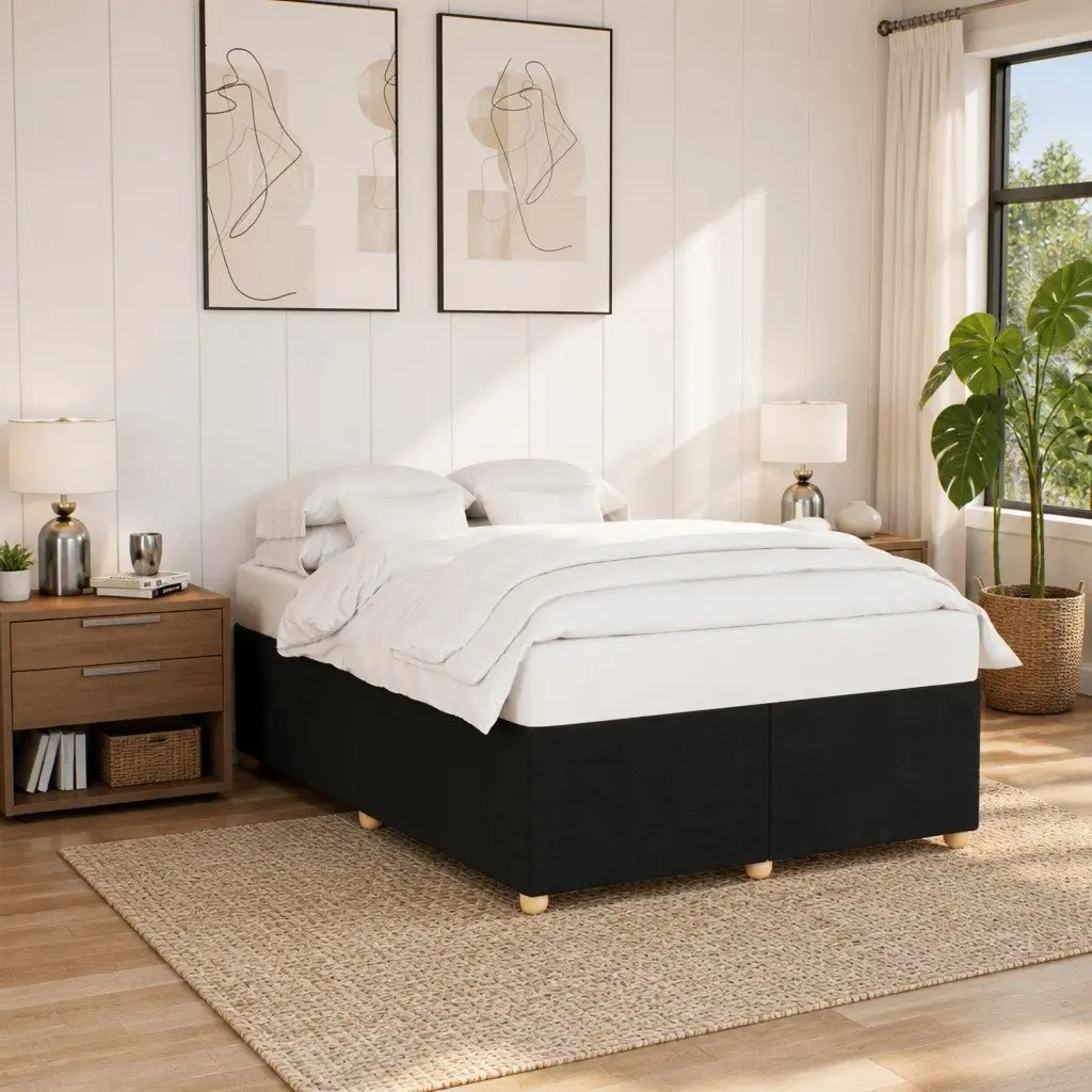 Queen Bed Frame Black Polyester Fabric Upholstered Slatted Platform