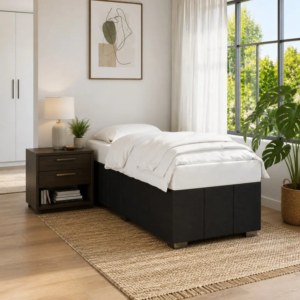 Black Fabric Bed Frame 90x190cm with Slatted Base for Mattress Support and Breathability
