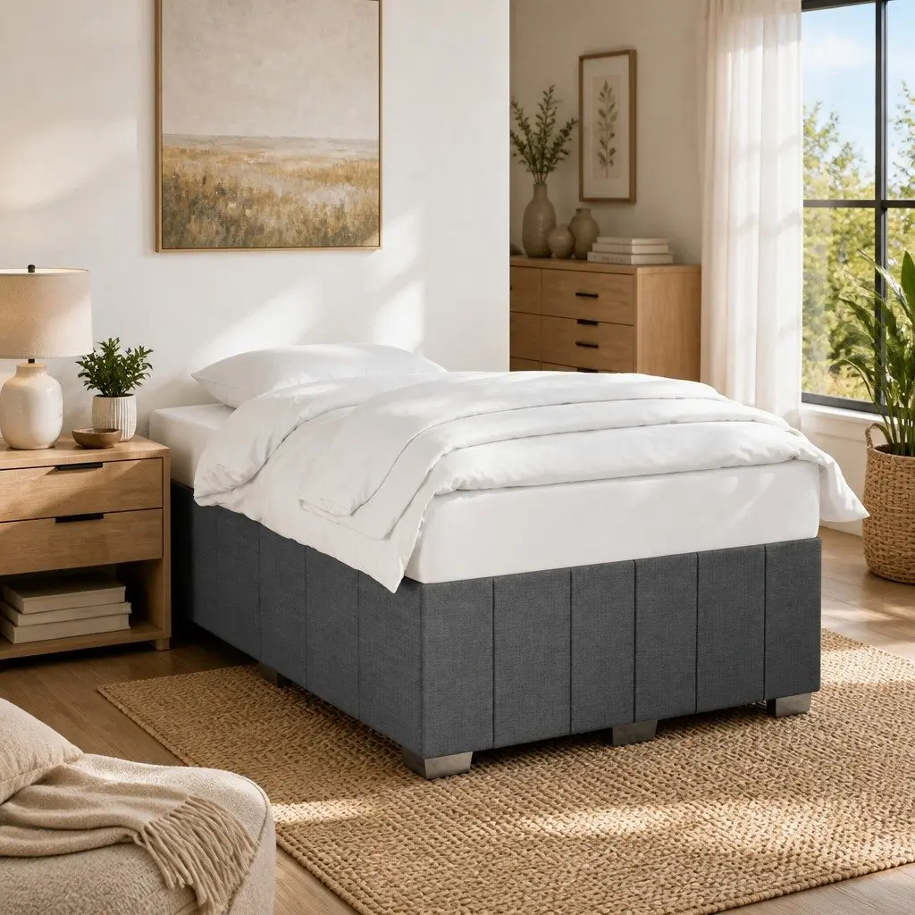 Grey Fabric Double Bed Frame Polyester Upholstered with Wooden Slats for Support and Stability