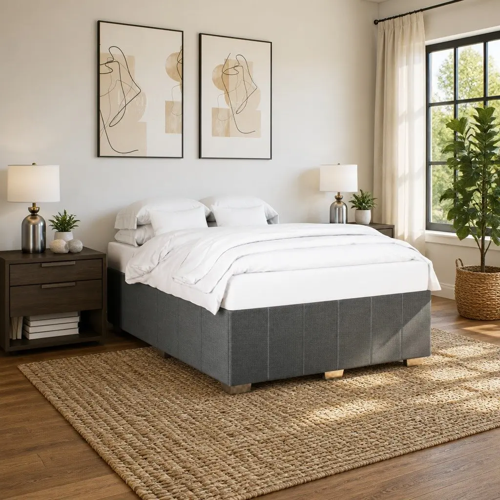 Queen Bed Frame Dark Grey Upholstered Fabric Slat Support System