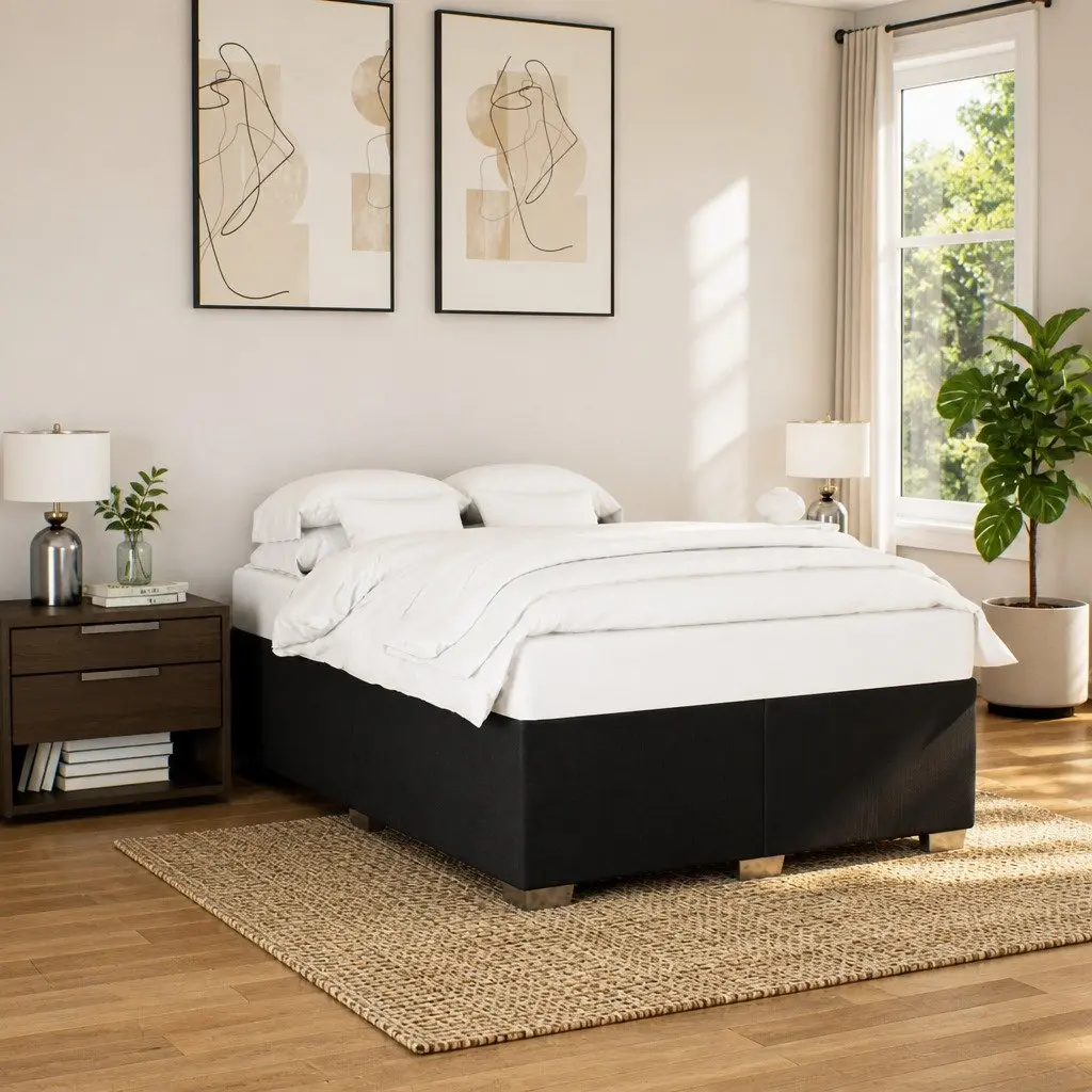 Box Spring Bed Black Polyester Fabric Pocket Spring Mattress Slatted Frame