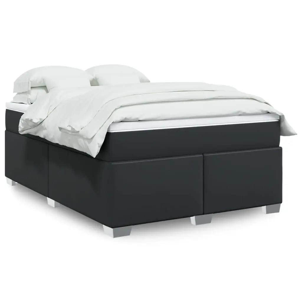 Queen Size Box Spring Bed Black Faux Leather Pocket Spring Mattress with Removable Topper
