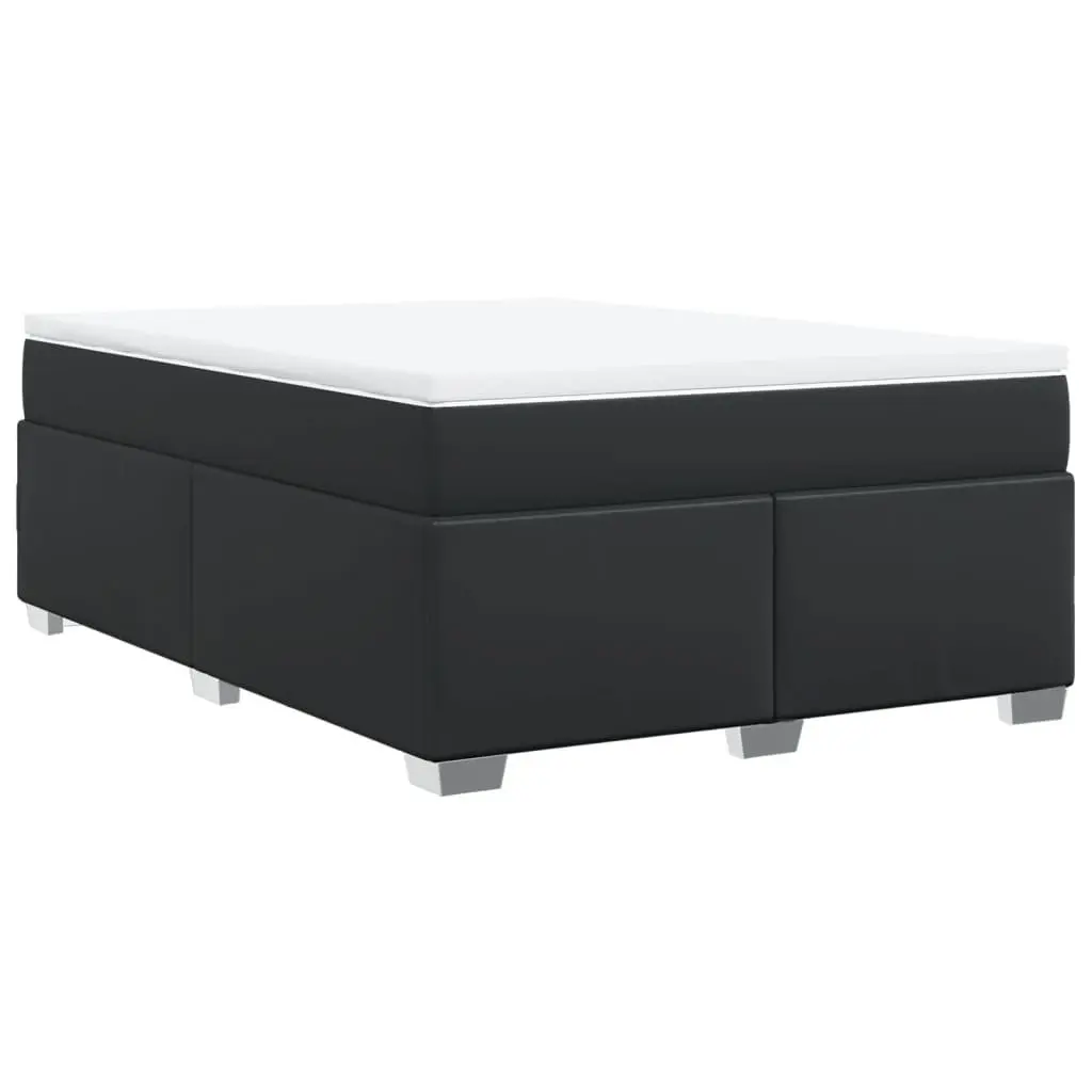 Queen Size Box Spring Bed Black Faux Leather Pocket Spring Mattress with Removable Topper