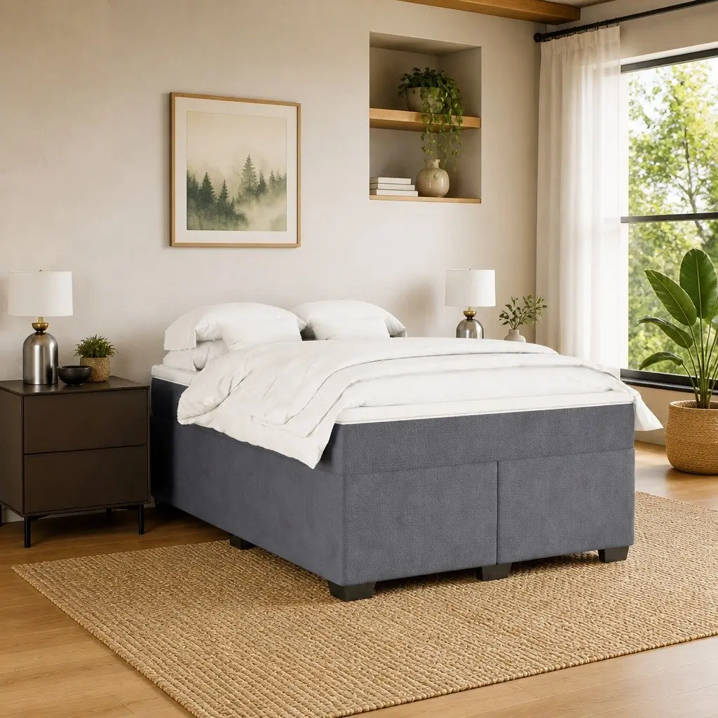 Box Spring Bed Dark Grey Velvet Full Size Pocket Spring Mattress with Removable Topper