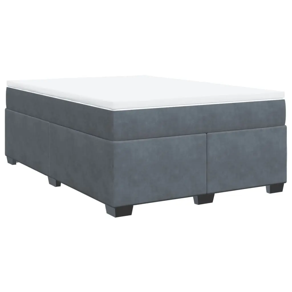 Box Spring Bed Dark Grey Velvet Full Size Pocket Spring Mattress with Removable Topper