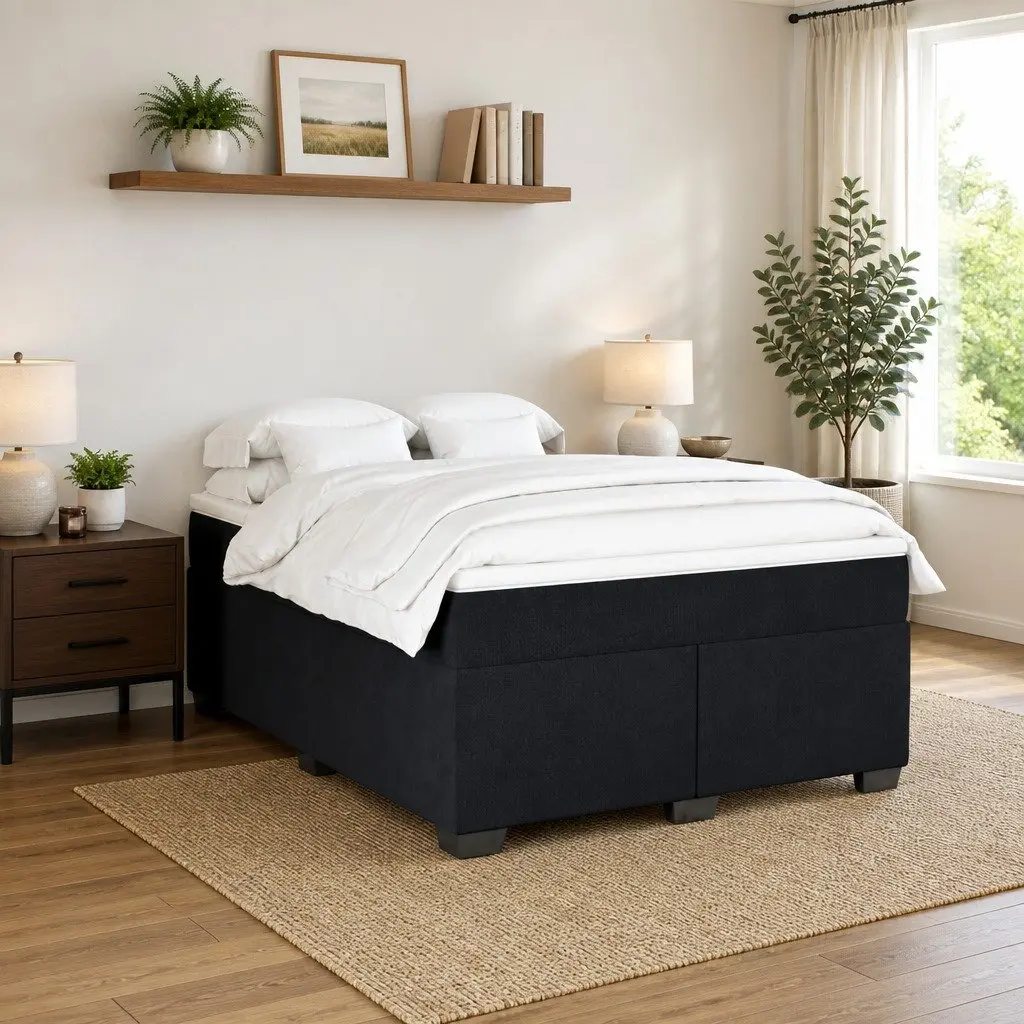 Double Box Spring Bed Grey Velvet Upholstered Frame with Pocket Spring Mattress and Slatted Base