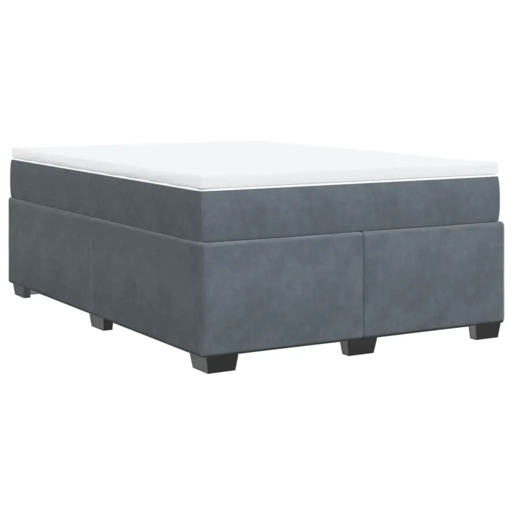Box Spring Bed Grey Velvet Queen Size with Pocket Spring Mattress and Integrated Topper