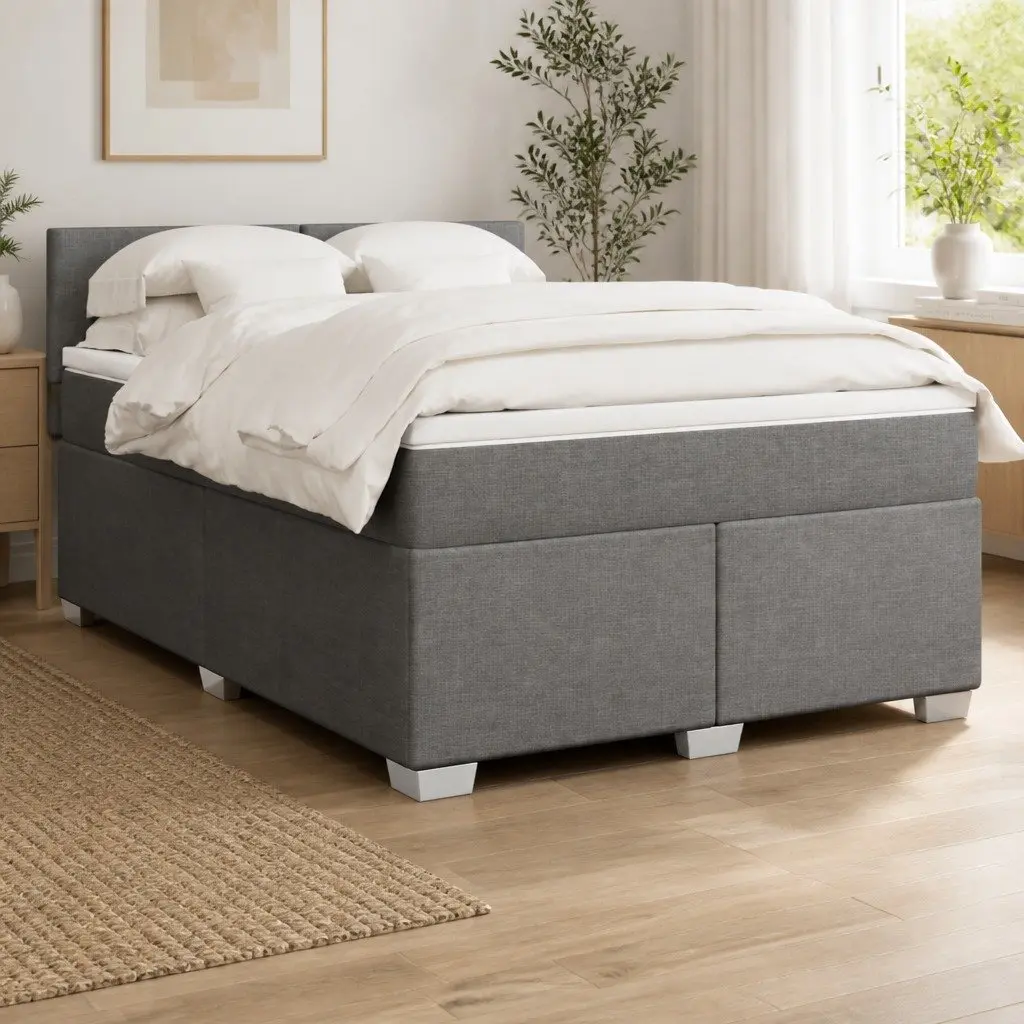 Queen Bed Grey Fabric Frame Pocket Spring Mattress Slatted Base