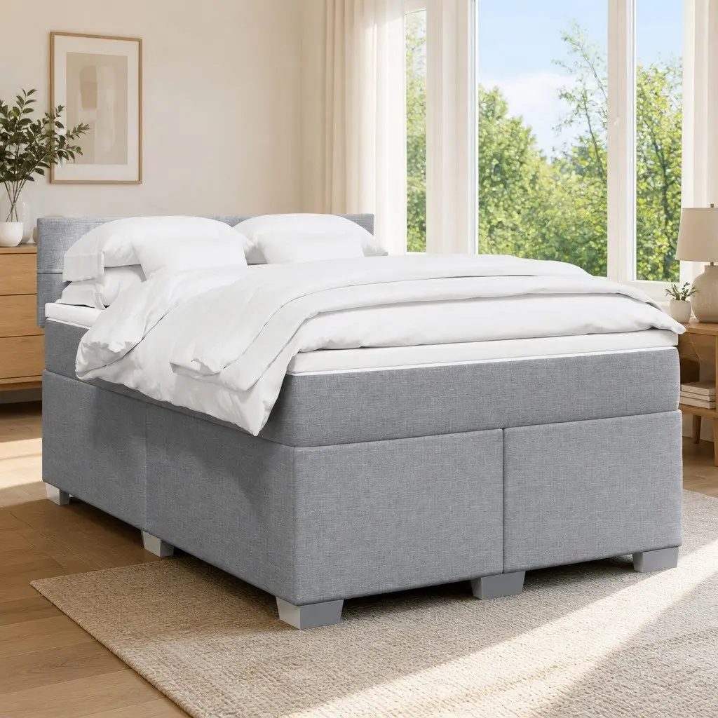 Queen Bed Grey Fabric Pocket Spring Mattress Slatted Base