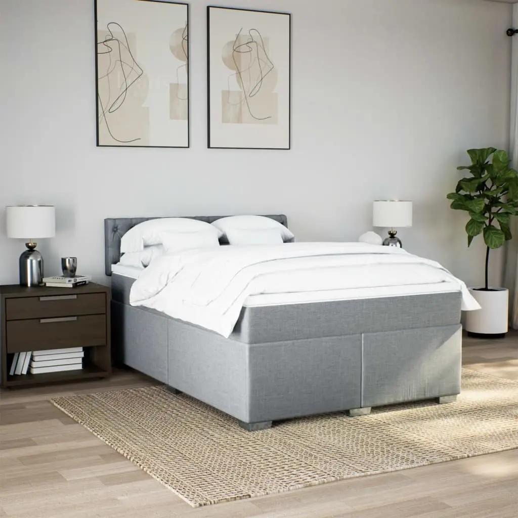 Queen Box Spring Bed Dark Grey Fabric Upholstered Frame with Pocket Spring Mattress and Removable Topper