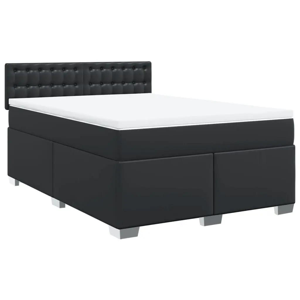 Queen Bed Black Faux Leather Pocket Spring Mattress Integrated Slatted Base