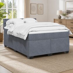 Double Box Spring Bed with Mattress Dark Grey Velvet Bedroom Bed Frame Set