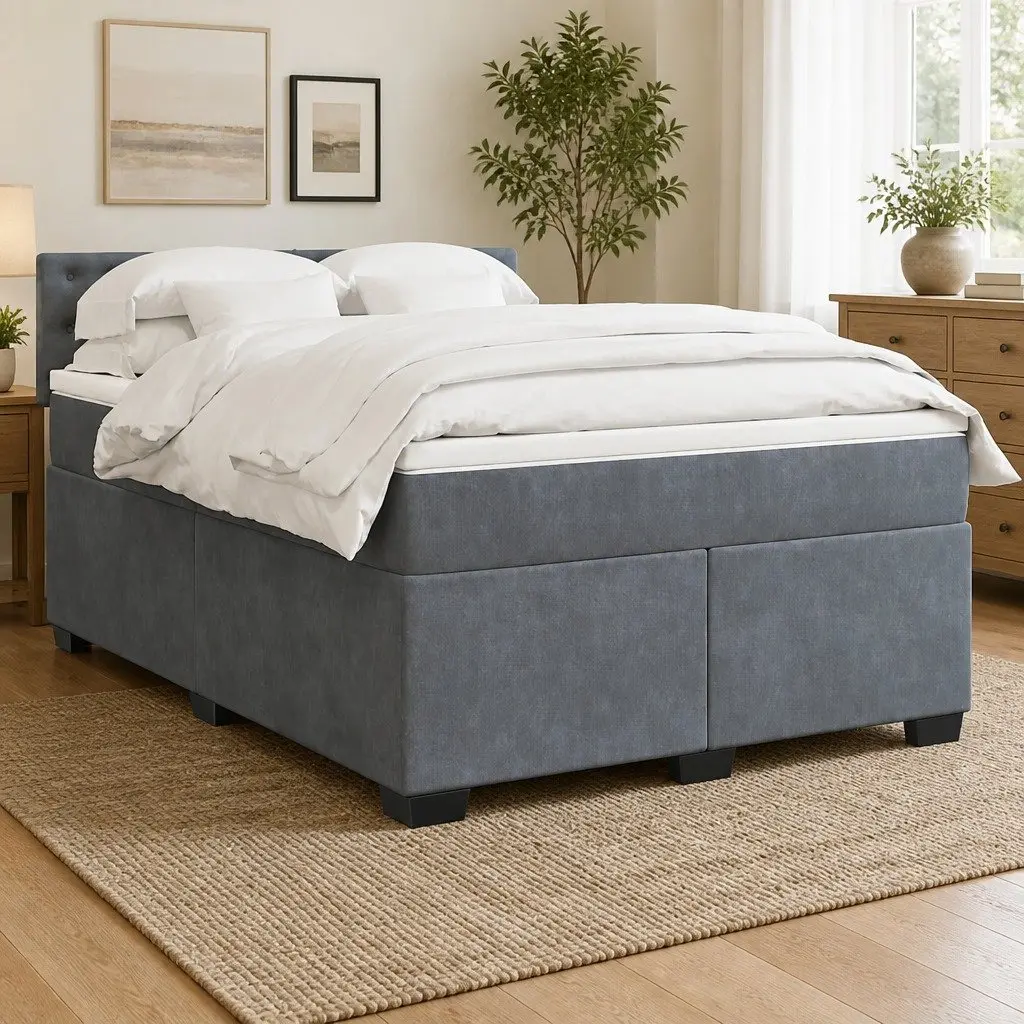 Queen Bed Frame Dark Grey Velvet Pocket Spring Mattress Topper