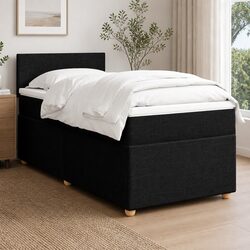 King Single Box Spring Bed with Pocket Mattress Black Fabric Frame Slats