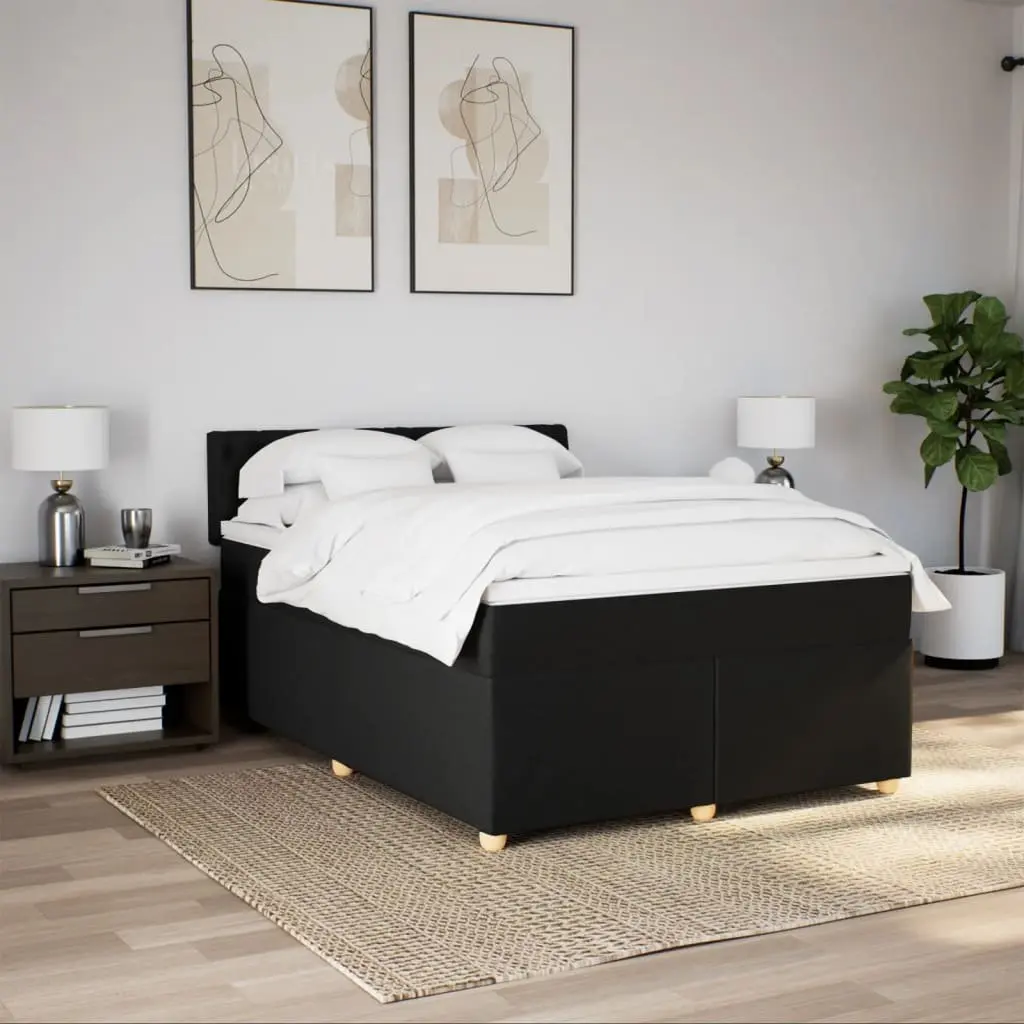 Double Box Spring Bed Black Fabric Double Pocket Sprung Mattress with Removable Topper