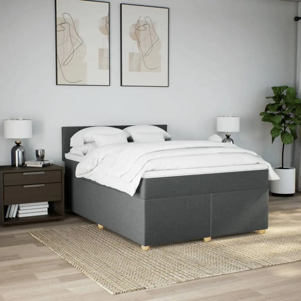 Queen Box Spring Bed Grey Fabric Frame Pocket Sprung Mattress Slats