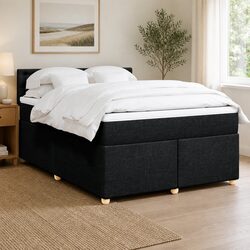 Queen Box Spring Bed with Pocket Mattress Black Fabric Bedroom Furniture