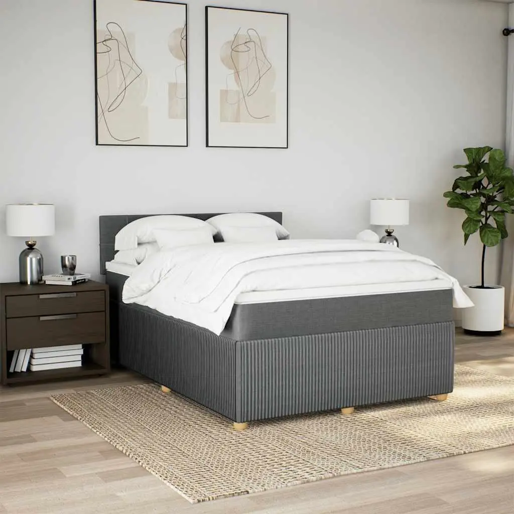 Queen Box Spring Bed Grey Fabric Upholstered Frame Pocket Spring Mattress Slats